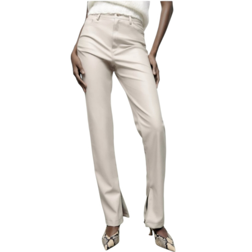 Zara Beige Faux Leather Pants Size XS No Tags Slim Flare w Slits